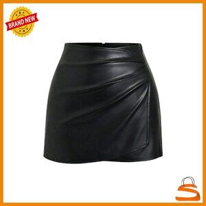 PU Leather Bodycon Mini Skirt with Side Slit Ruched Design